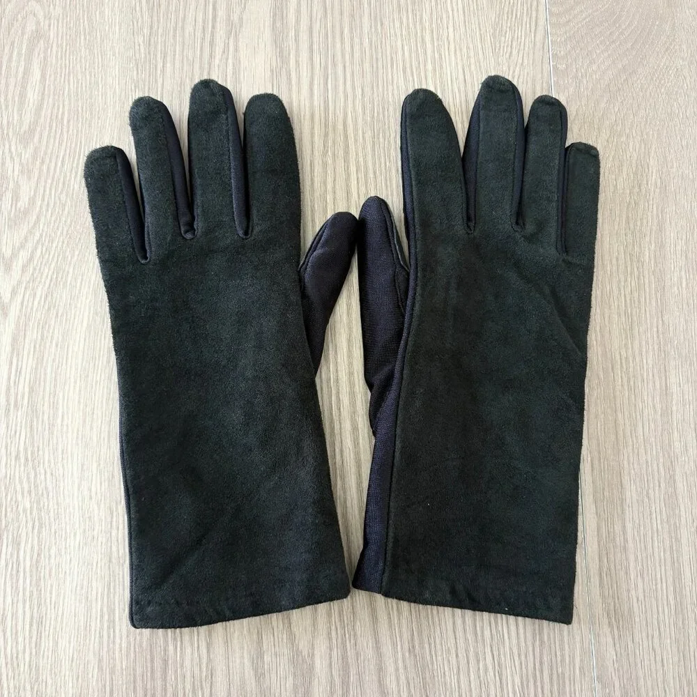 Black Genuine Leather Suede Gloves Stretch Lined Womens One Size Classic Winter